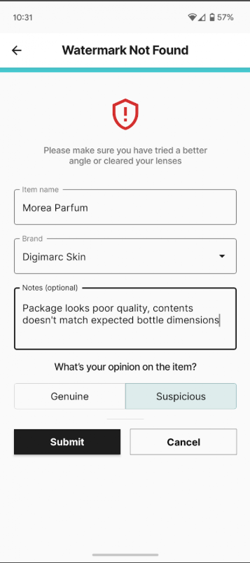 Watermark not found — report form with item, brand, notes and a Suspicious verdict