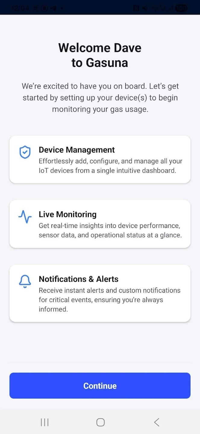 Gasuna app onboarding — device management, live monitoring and alerts